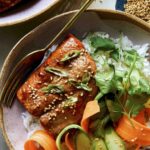 Teriyaki salmon recipe with a fork ready to eat.