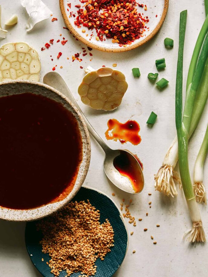 Teriyaki sauce in a bowl with ingredients around it. 