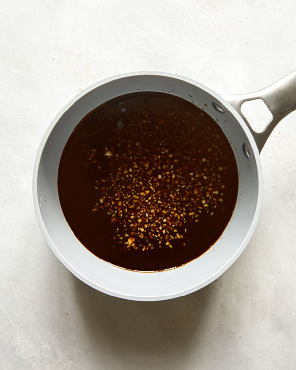 Teriyaki sauce ingredients in a saucepan. 