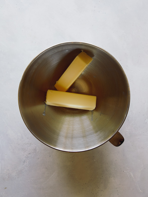 Room temperature butter in a stand mixer to make valentines day cookies.