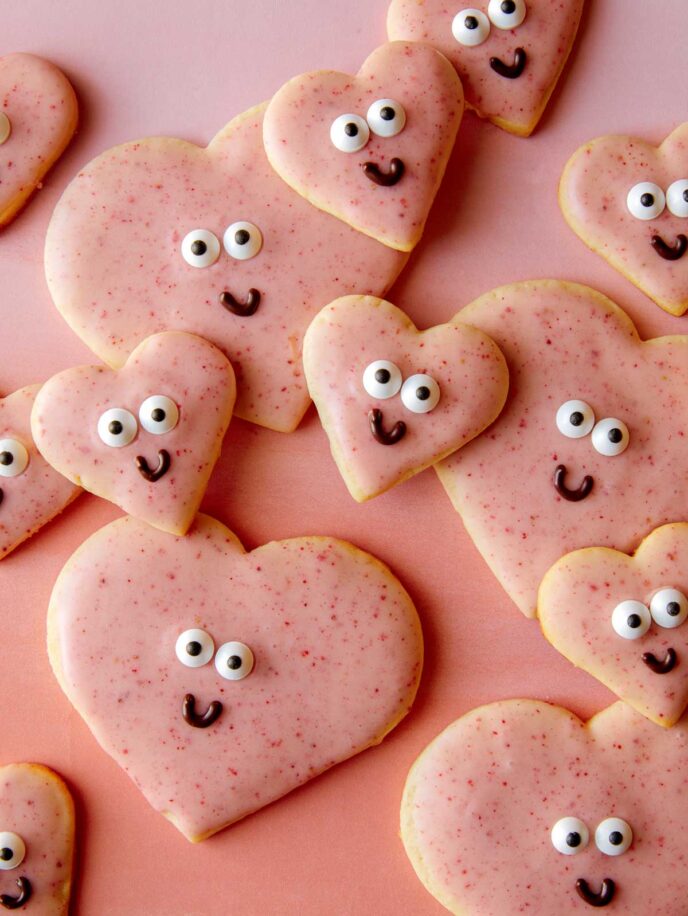 Valentines day cookie recipe that are heart shaped with pink icing.