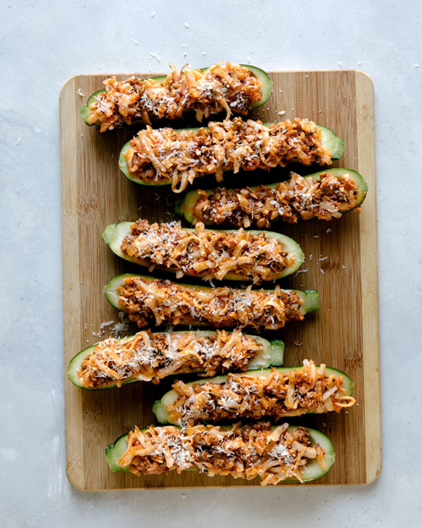 Zucchini boats ready to be baked. 