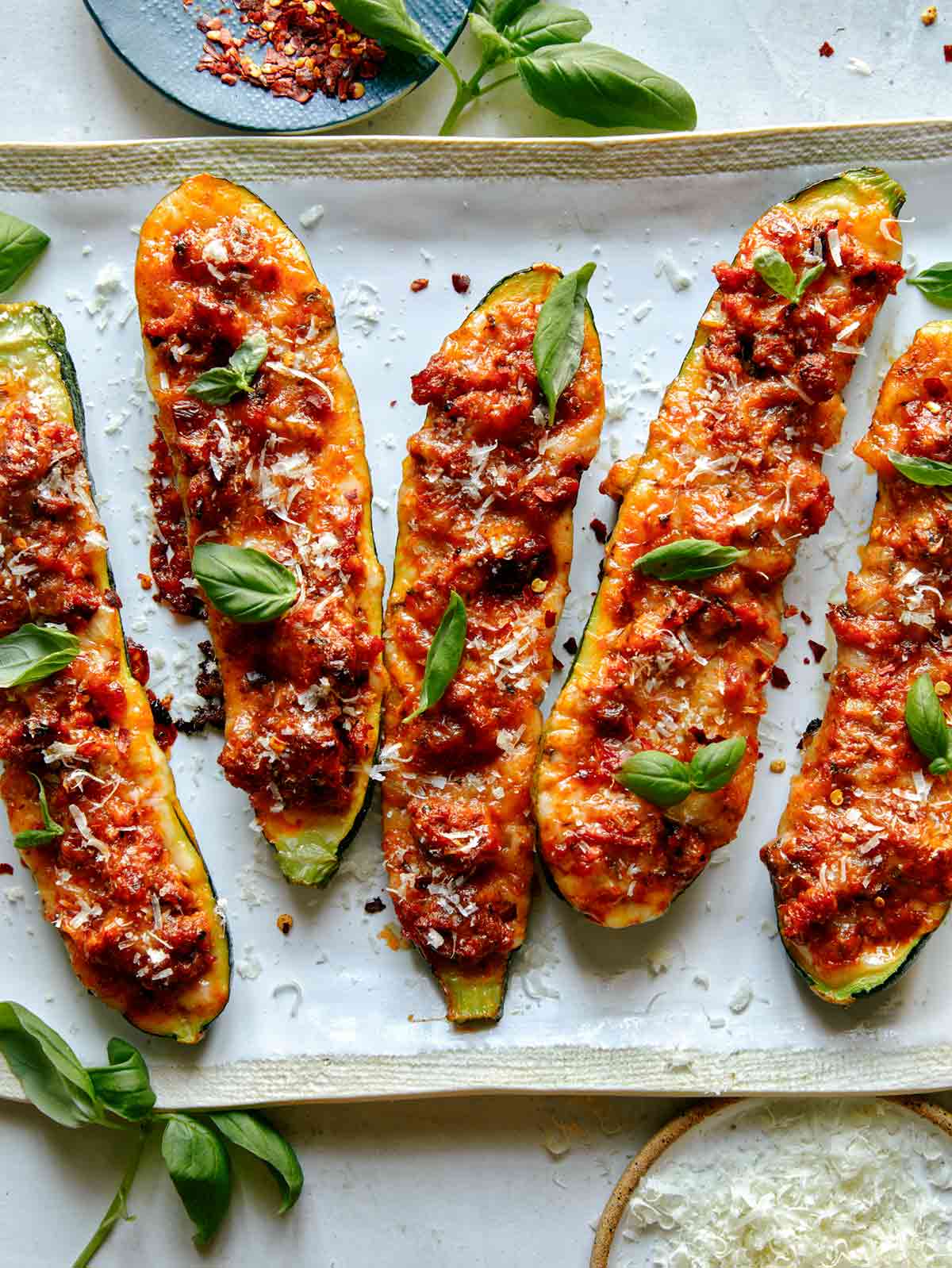 Zucchini boats on a plate ready to be served. 