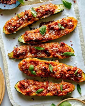 Zucchini Boats recipe on a platter.