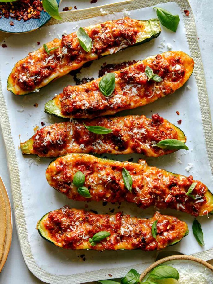 Zucchini Boats recipe on a platter.