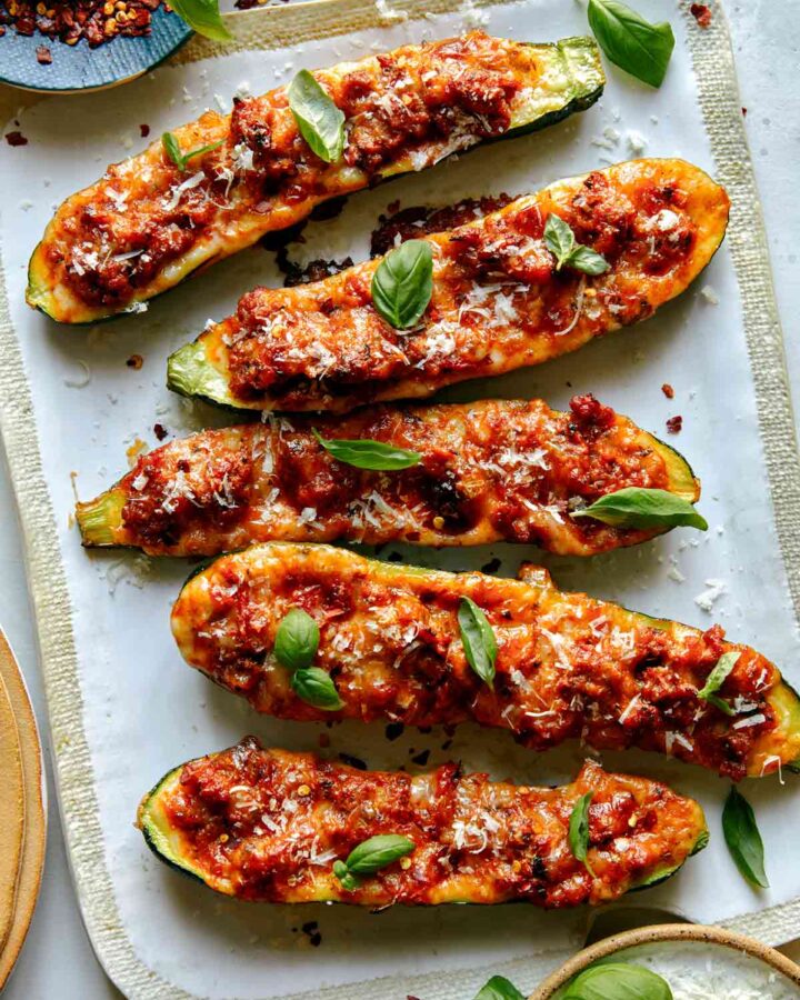 Zucchini Boats recipe on a platter.