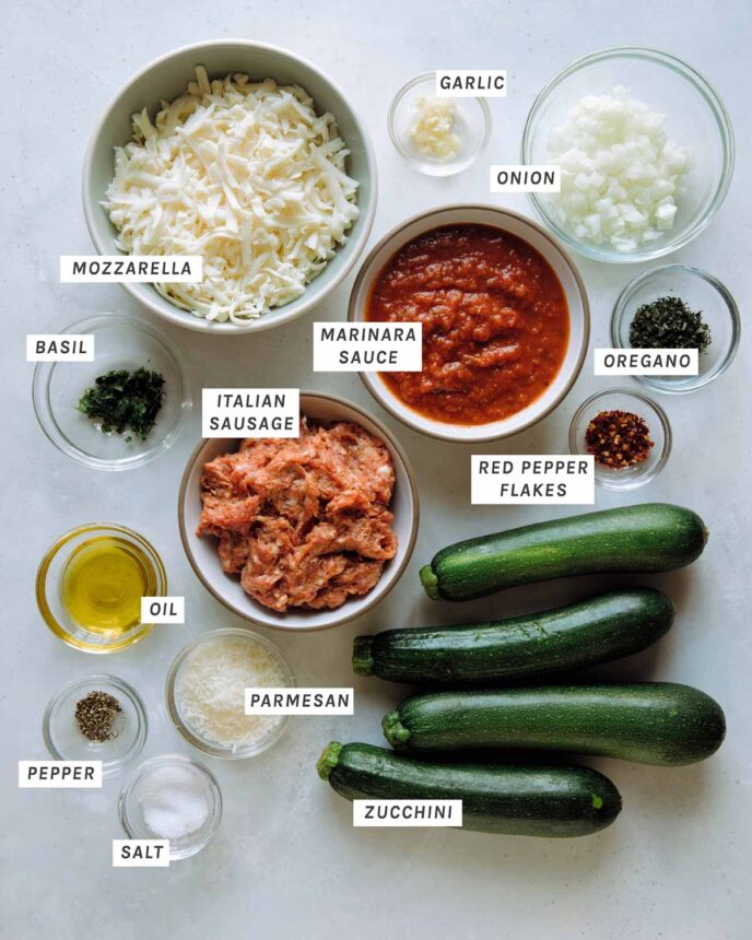 Ingredients to make zucchini boats recipe. 