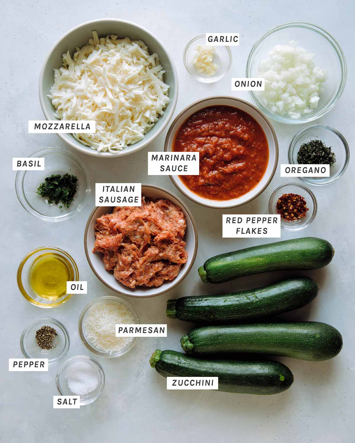 Ingredients to make zucchini boats recipe.