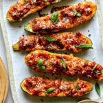 Zucchini boats recipe on a plate.