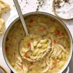 Chicken and gnocchi soup recipe in a pot.