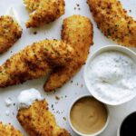 Air fryer chicken tender recipe with dipping sauces.