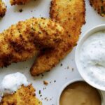 Air fryer chicken tender recipe with dipping sauces.