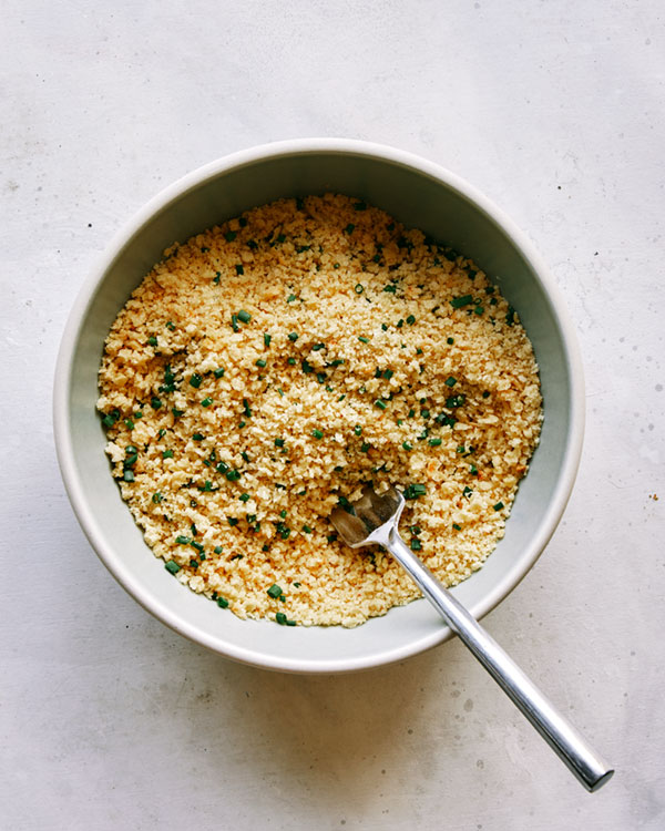Breadcrumbs in a bowl for air fryer chicken tenders.