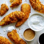 Air fryer chicken tender recipe with dipping sauces.