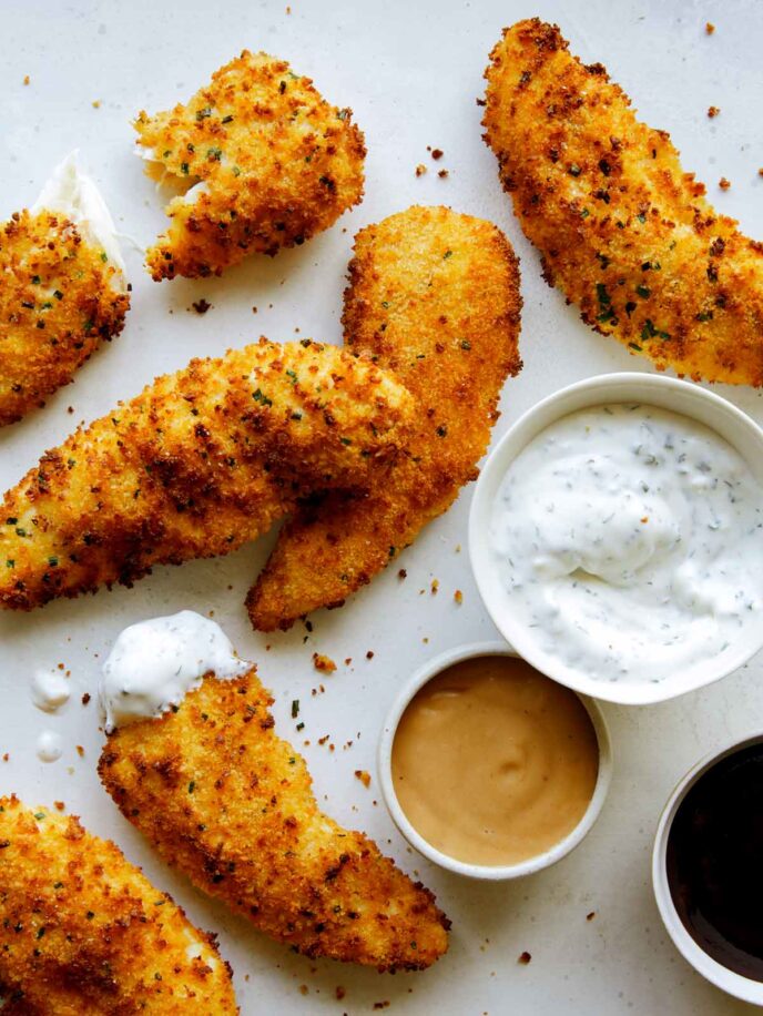 Air fryer chicken tender recipe with dipping sauces.