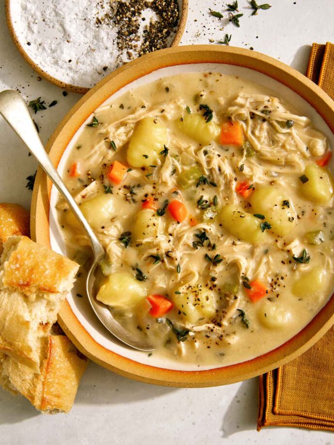 Chicken and gnocchi soup in a bowl with bread on the side.