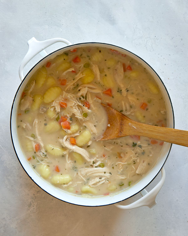 Chicken and gnocchi soup in a pot.