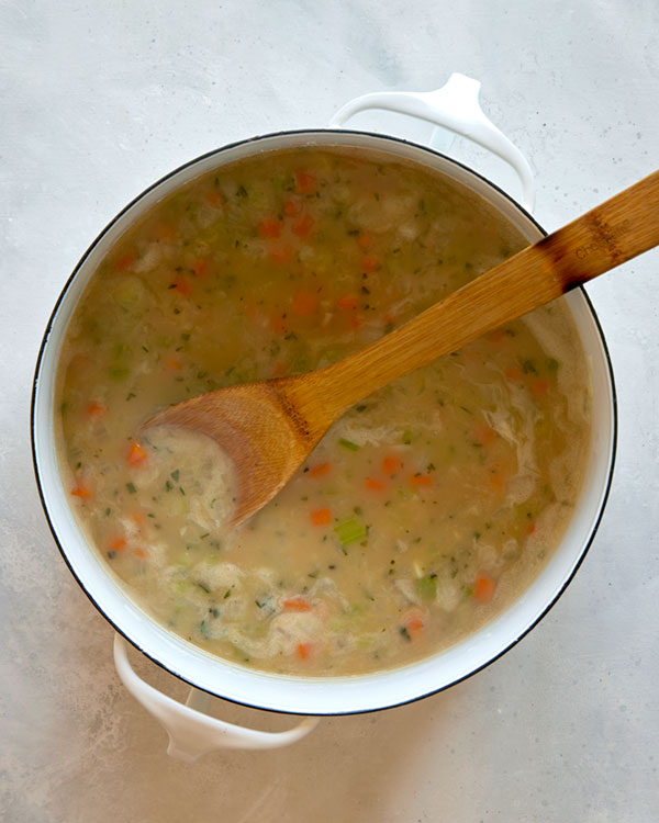 Chicken gnocchi soup with stock.