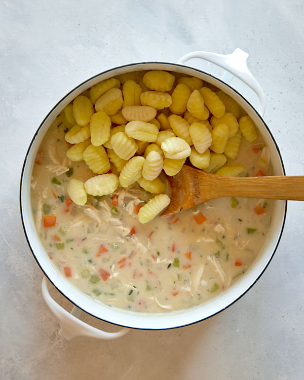 Chicken and gnocchi soup recipe in a pot. 