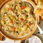 Chicken and gnocchi soup recipe in a bowl with a spoon in it!
