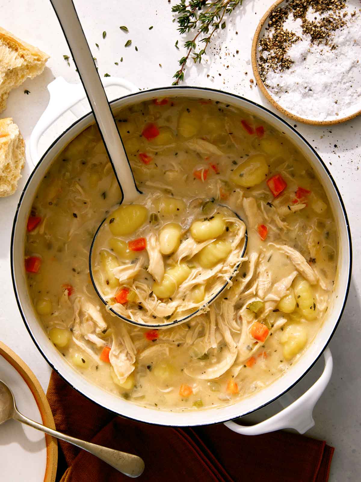 Chicken and gnocchi soup recipe in a pot. 