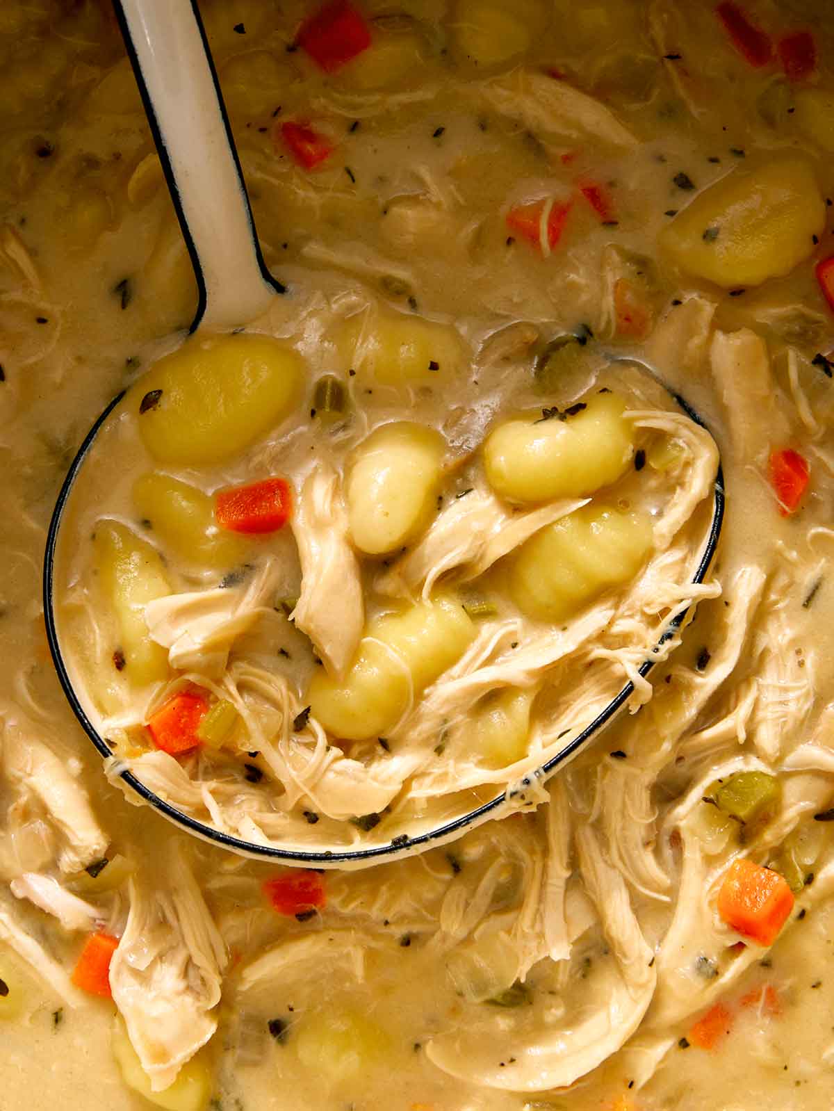 Chicken and gnocchi soup recipe with a ladle.