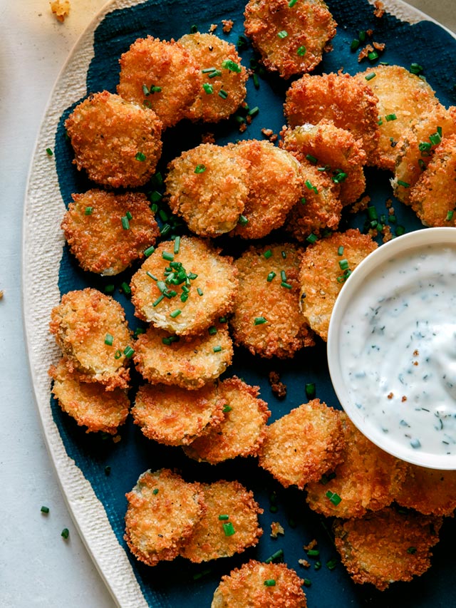 Fried Pickle Chips Spoon Fork Bacon