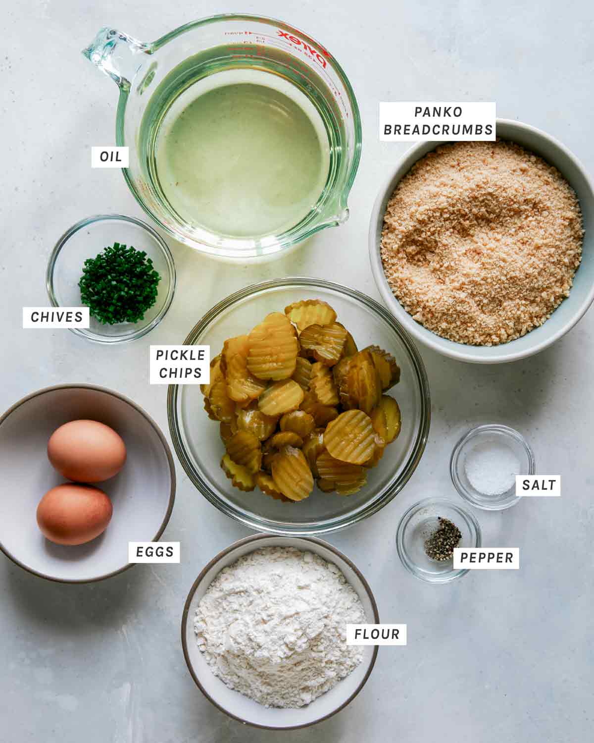 Fried Pickle Chips ingredients on a kitchen counter. 