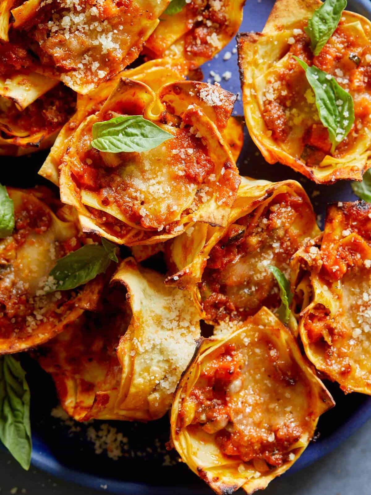 A close up of lasagna cups.