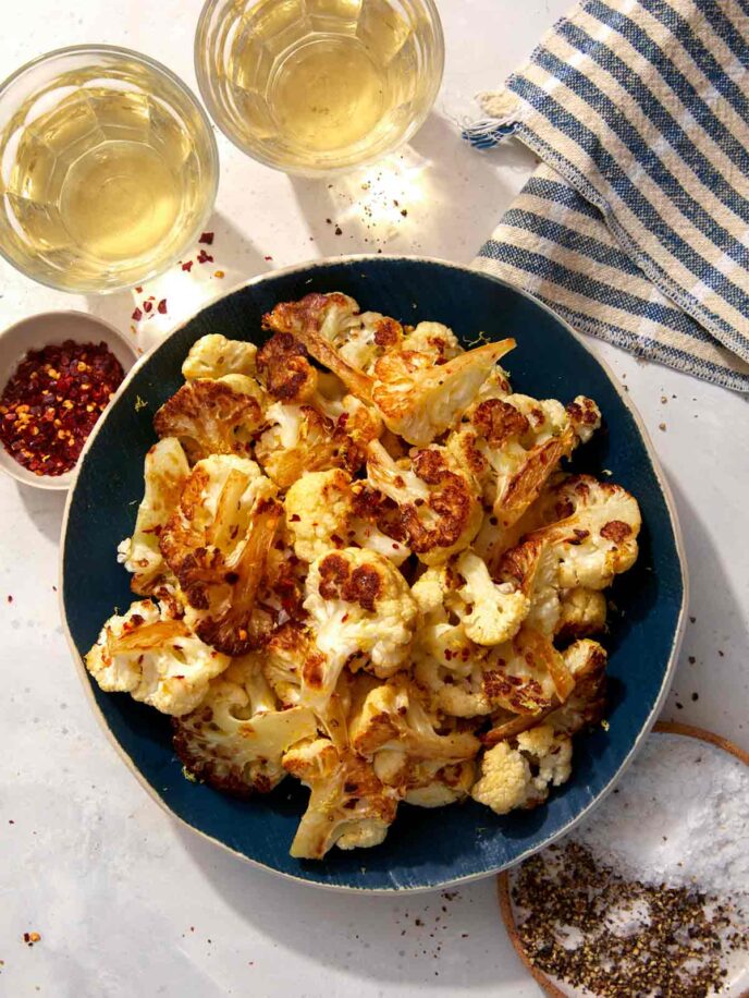 Roasted cauliflower recipe with wine on the side.
