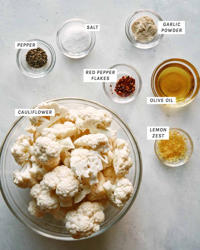 Roasted cauliflower ingredients on a kitchen counter. 