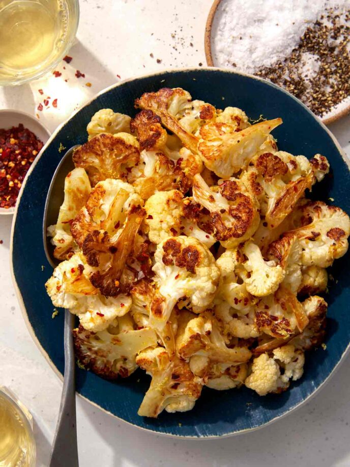 Roasted cauliflower recipe in a bowl.