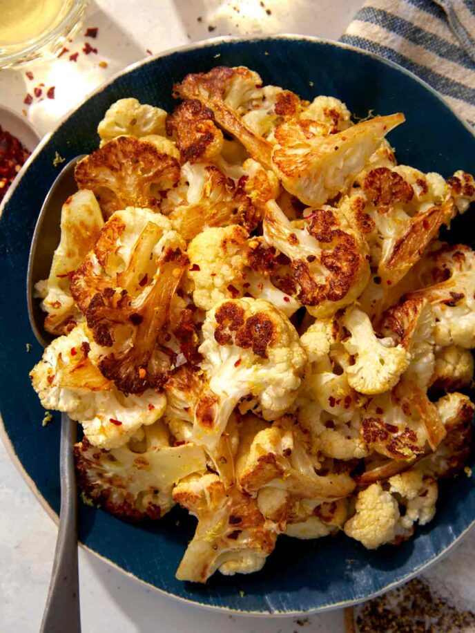 Roasted cauliflower recipe in a bowl with a spoon in it. 