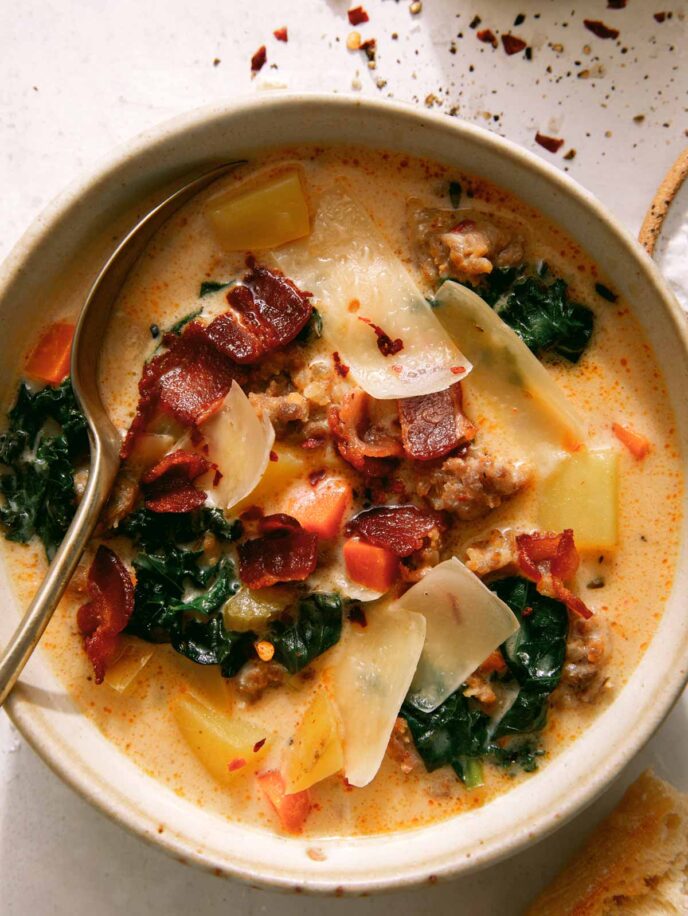 Zuppa Toscana soup recipe in a bowl. 
