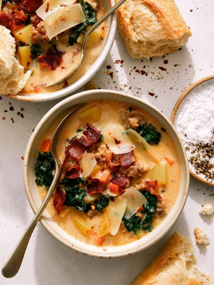 Zuppa toscana in two bowls with bread on the side. 