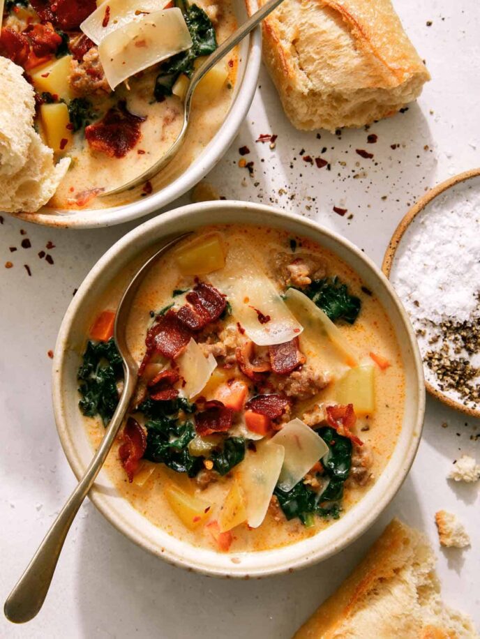 Zuppa toscana in two bowls with bread on the side.