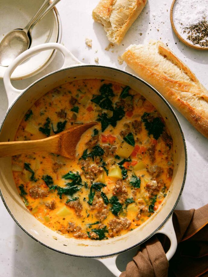 Zuppa Toscana in a pot with bread on the side. 