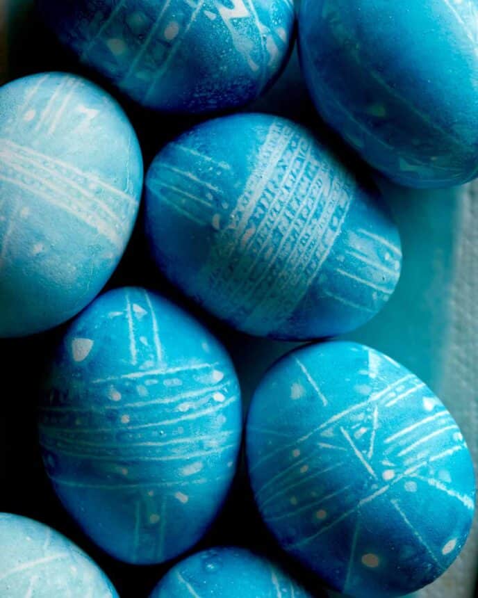 Close up view of shibori inspired Easter eggs. 