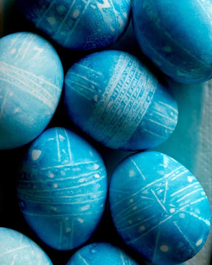 Close up view of shibori inspired Easter eggs.