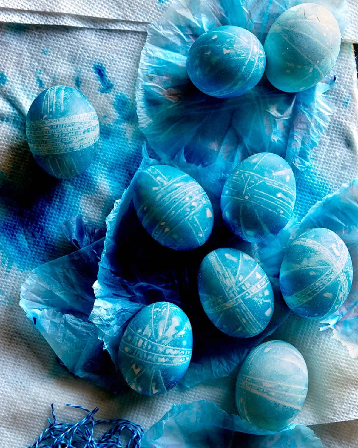 Shibori inspired easter eggs on paper towels. 