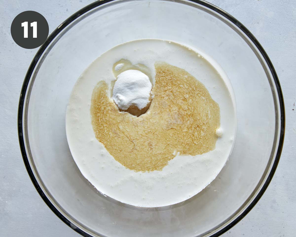 Cream, sugar, and vanilla in a bowl to make whipped cream. 