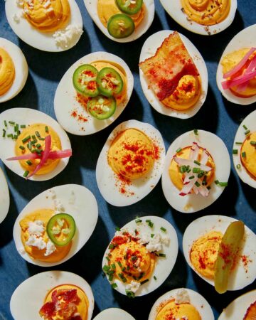 Deviled eggs on a platter.