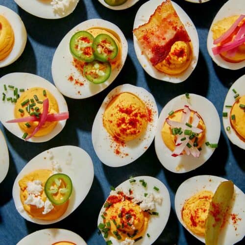 Deviled eggs on a platter.