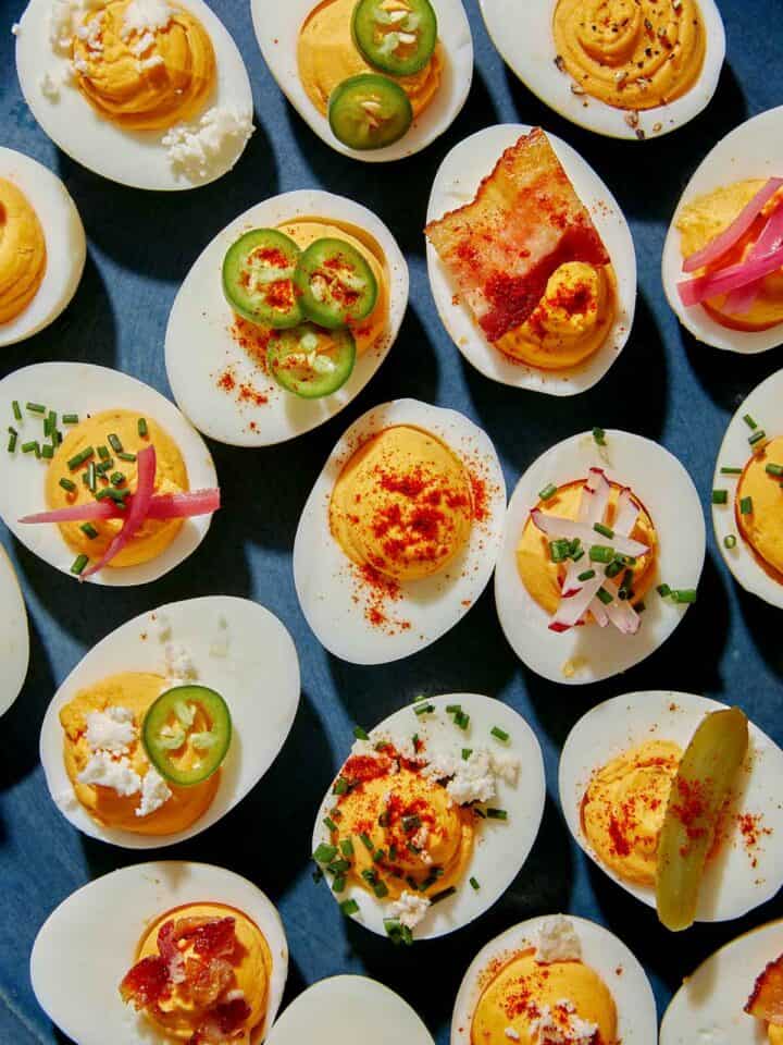 Deviled eggs on a platter.