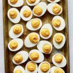 A tray of made deviled eggs.