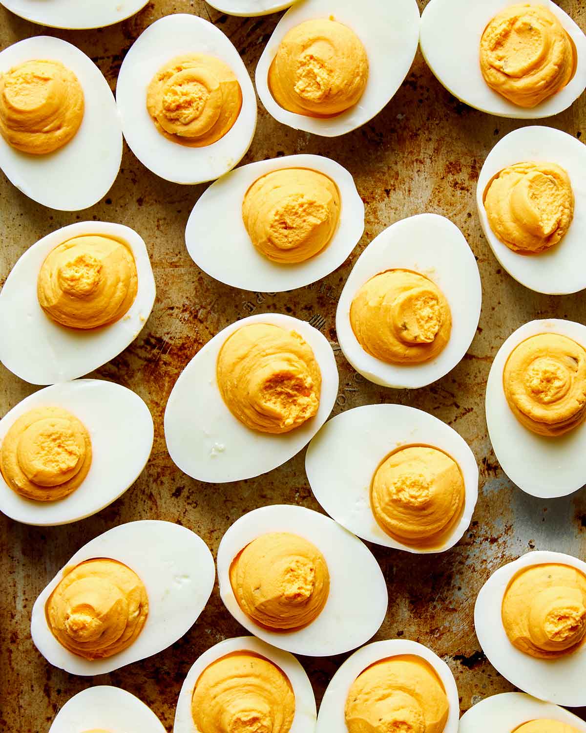 A tray of made deviled eggs.