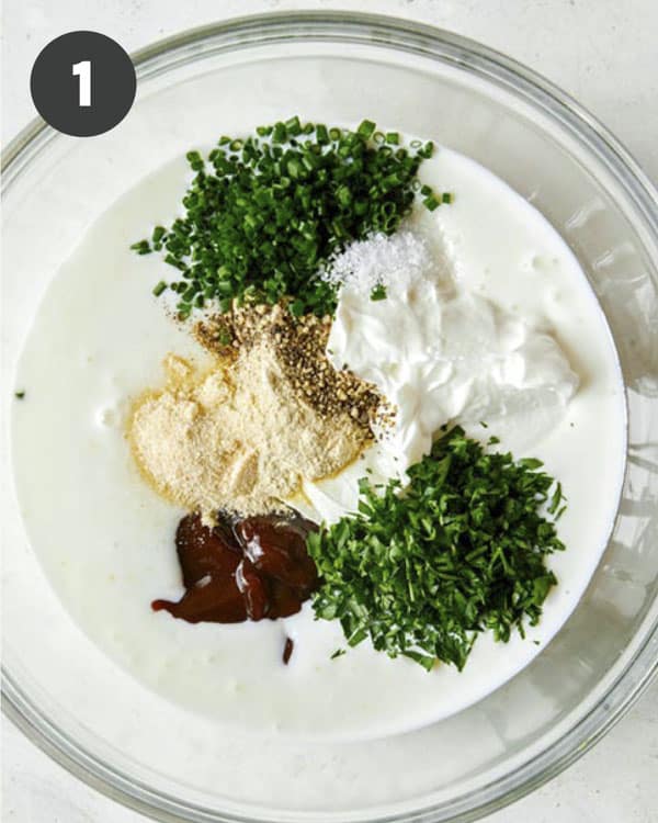 Ingredients for BBQ Yogurt Ranch Dressing in a bowl