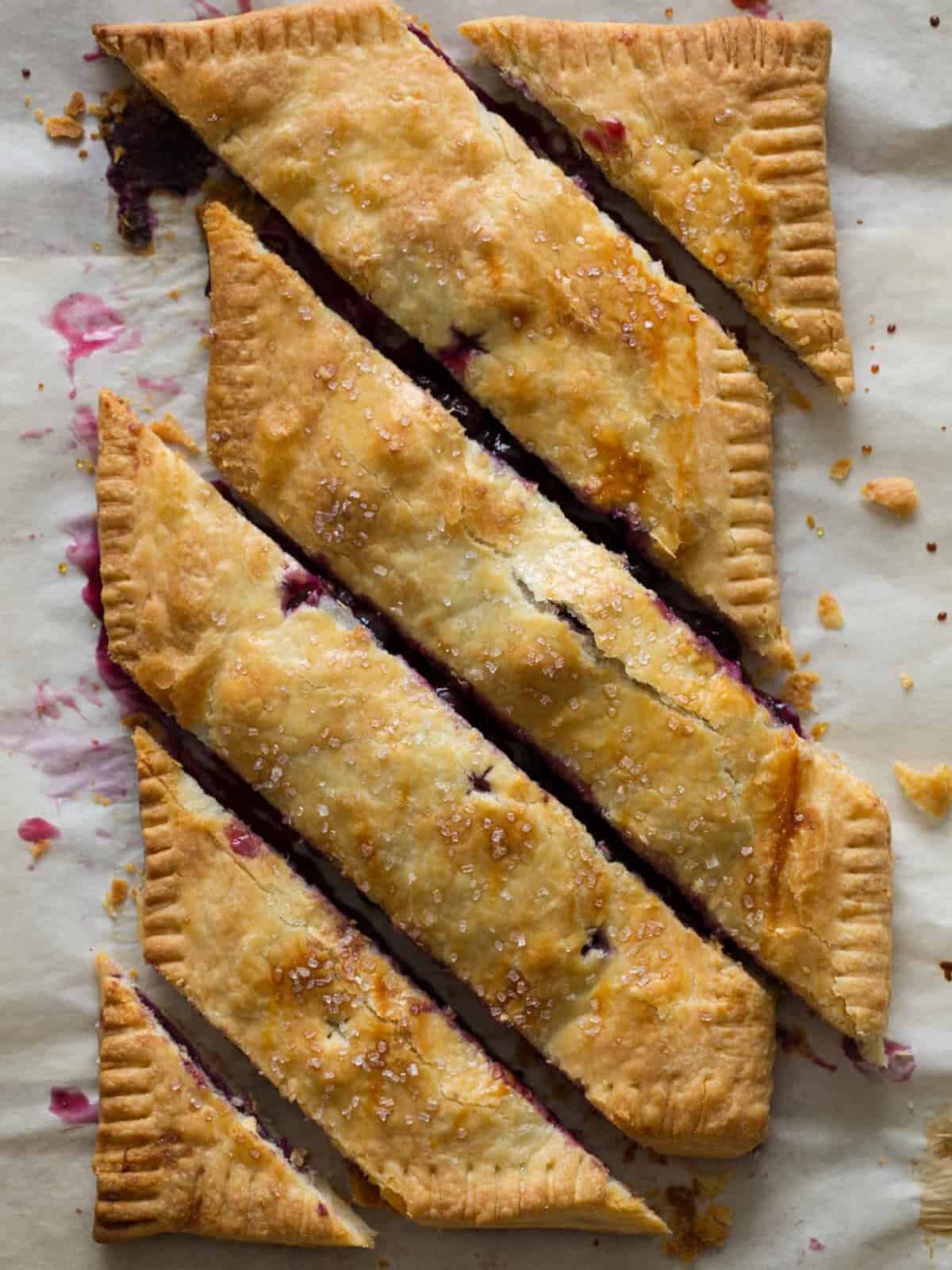 A bias cut blueberry slab pie.