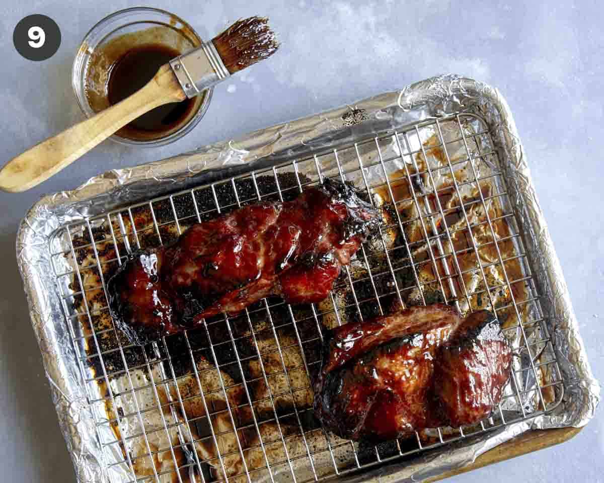 Char siu with marinade on top baking right out of the oven. 