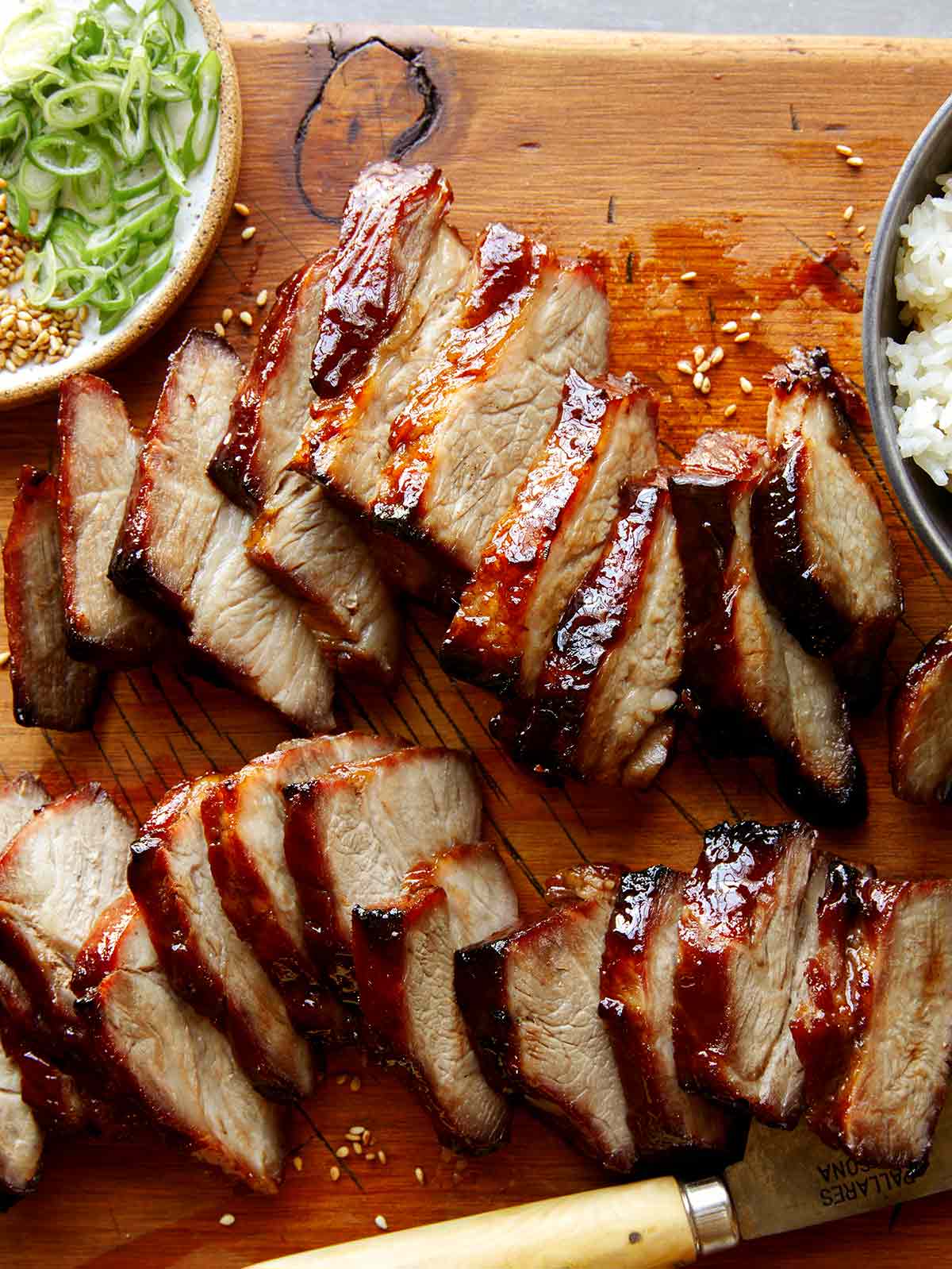 Char siu on a cutting board. 